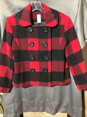 Aqua Red and Black Buffalo Plaid Double-Breasted Peacoat